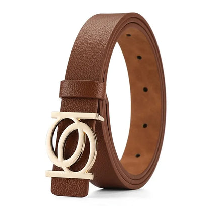 New Women's Belt Fashion Golden Buckle Belt Leisure Personalized Double Round Button PU Leather Belt Paired with Jeans Lady Belt