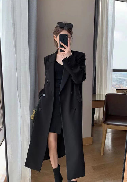 Long Trench Coat Women Office Lady Elegant Double Breasted Blazer Jacket Streetwear Overcoats Korean Harajuku Casual Windbreaker