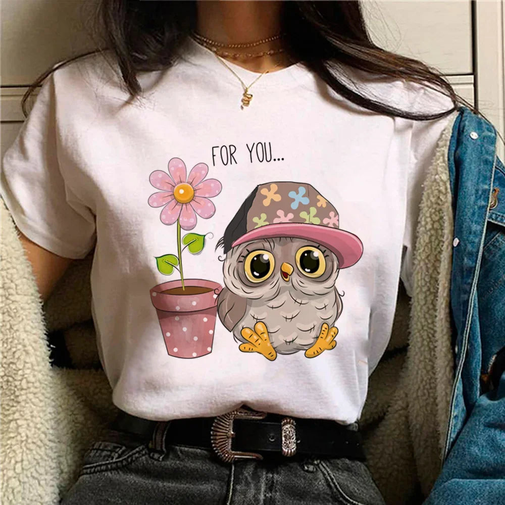 Owl T-shirt Girl Aesthetic Graphic Women Retro Comfortable T-shirt Pop Culture Colorful Kawaii Psychedelic Punk 2000s