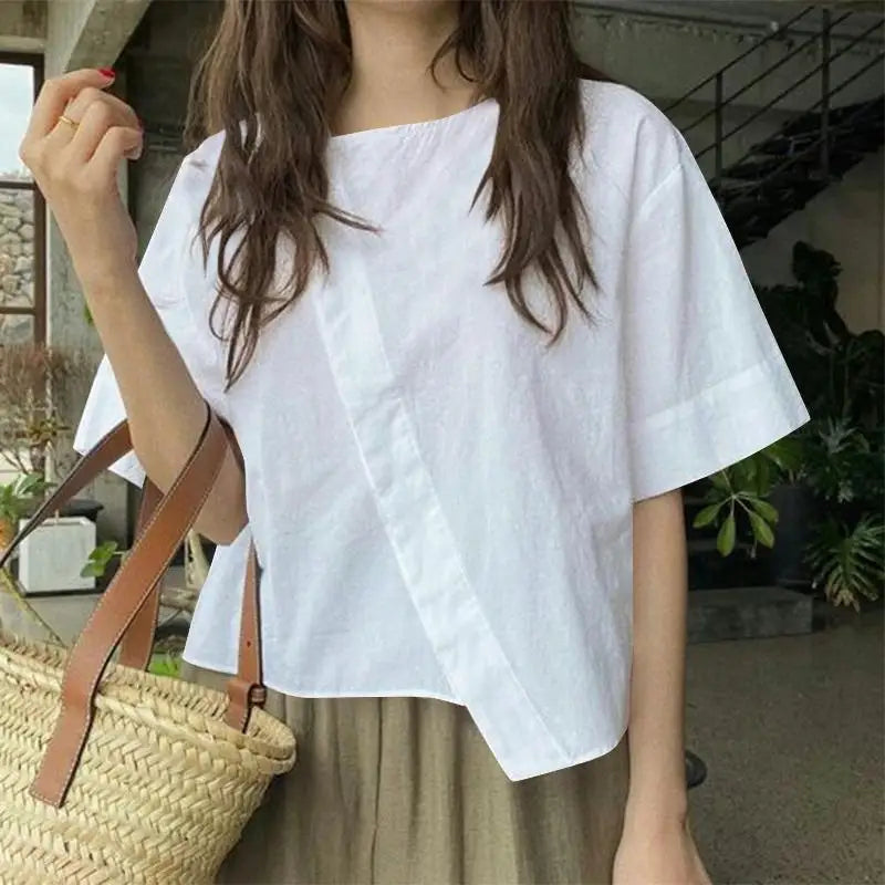 ZANZEA Women Oversize Bluse Summer Chic Irregular Short Sleeve Shirts Korean Fashion Round Neck Harajuku Tops Casual Loose Tunic