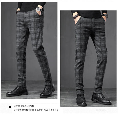 2024 New Spring Autumn England Plaid Work Stretch Pants Men Business Fashion Slim Grey Blue Casual Pant Male Brand Trousers 38