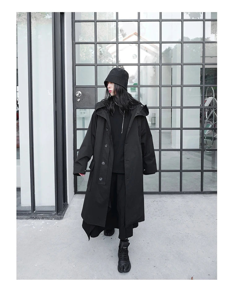 Lautaro Spring Autumn Long Oversized Black Trench Coat with Hood  Dark Academia Aesthetic Luxury Designer Clothes for Women 2022