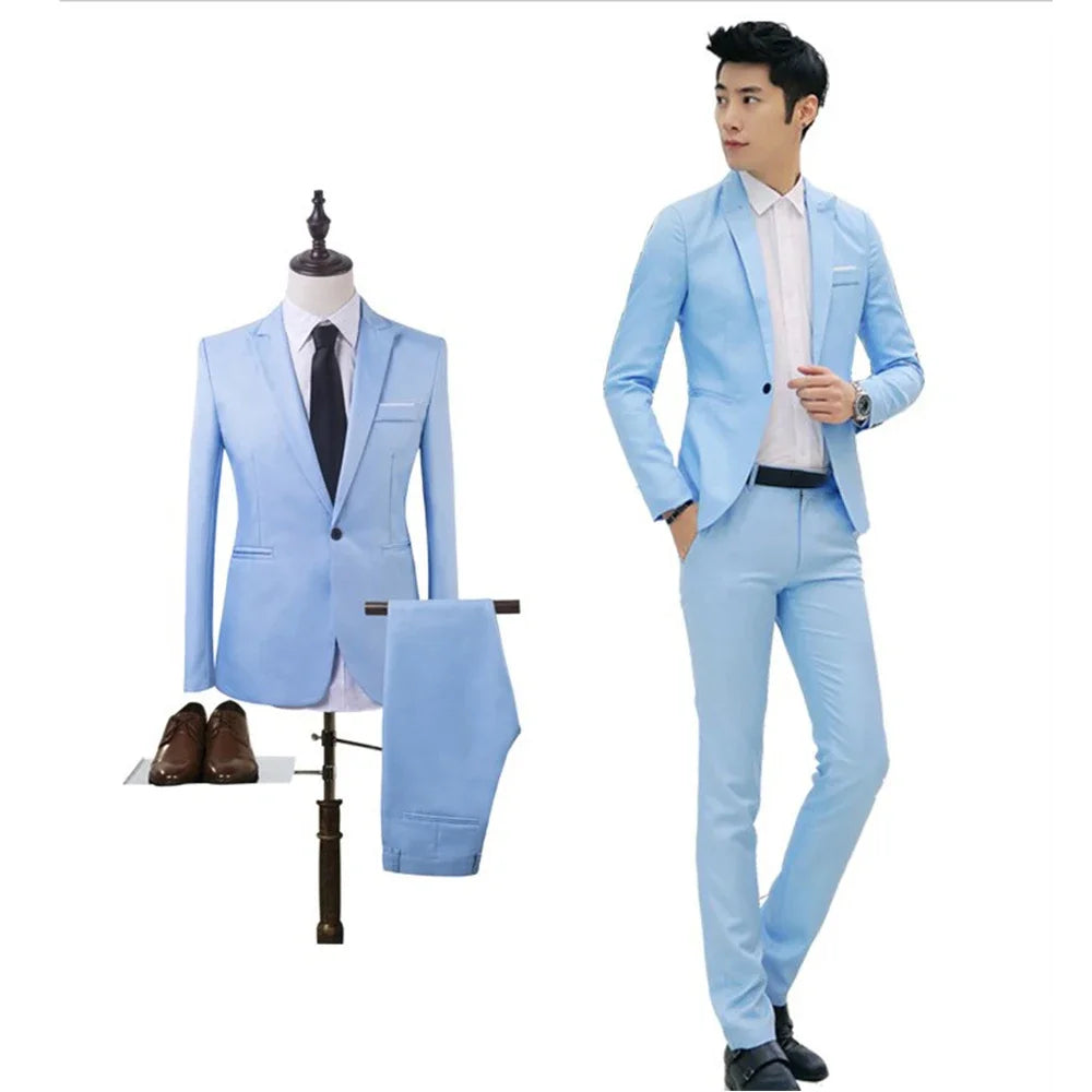 2pcs Coat Pants Men Suit Formal Blazer M~2XL Party Polyester Tuxedos Wedding Business Suit Coat + Pants Comfortable (no shoe)