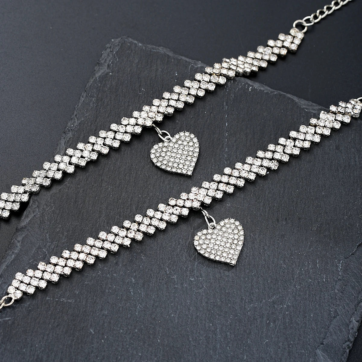 2 Pcs Fashion Silver Color Rhinestone Heart Pendant Anklet for Women Ins Bling Love Foot Ankle Bracelet Set Chain Jewelry Gifts