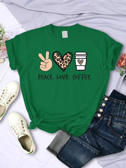 Peace Love Coffee Prints Women Tshirts Cotton High Quality T-Shirts Brand Breathable Tees Shirts Street O-Neck Tshirt For Women