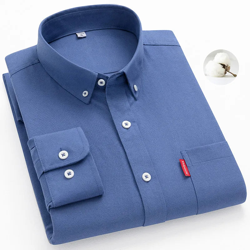 5XL Men's Oxford Long Sleeve Shirts 100% Cotton Solid Color Turn Down Collar Regular Fit Daily Men Clothing Button-down Shirts