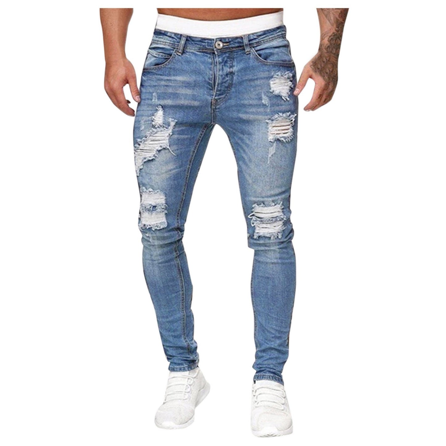 Retro Grey Stretch Slim Ripped Denim Pant Men's Fashion Streetwear Elastic Long Trousers Vintage Casual Denim Pencil Pants