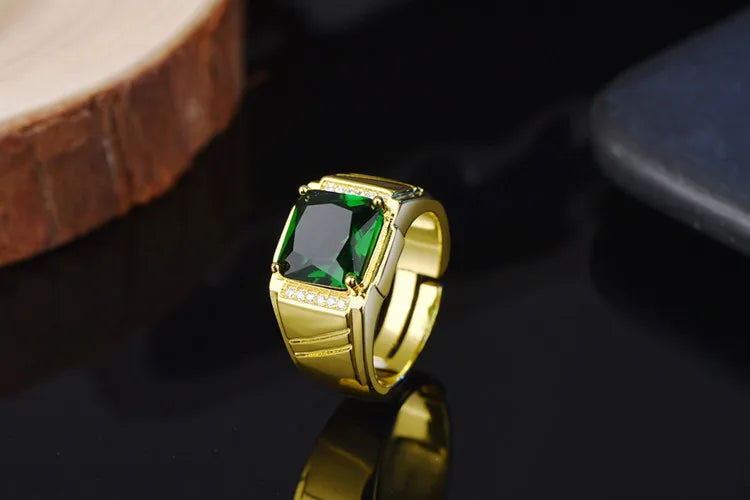 HOYON four-claw emerald domineering 14K gold color men's ring fashion square diamond emerald style ring for gift