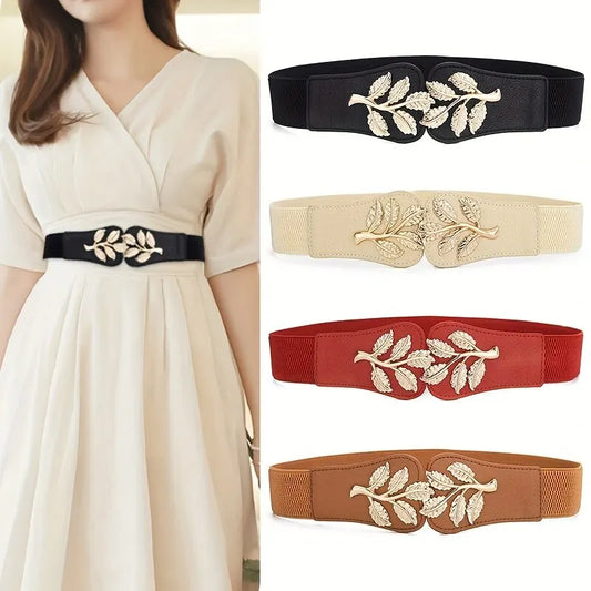 Women's Waist Cover Fashionable Gold Leaf Elastic Waist Closure With Double Hook Buckle Wide Belt Paired With Skirt Women Belt