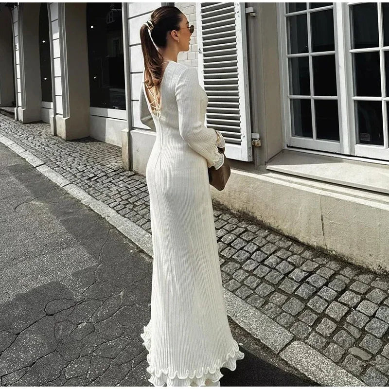 Elegant Women's Ruffles Hem Flare Sleeve Knitted Long Dress Chic Backless Lace Up Round Neck Vestido New Female Vacation Robes