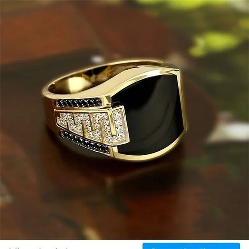 Classic Men's Ring Fashion Metal Gold Color Inlaid Black Stone Zircon Punk Rings for Men Engagement Wedding Luxury  Jewelry