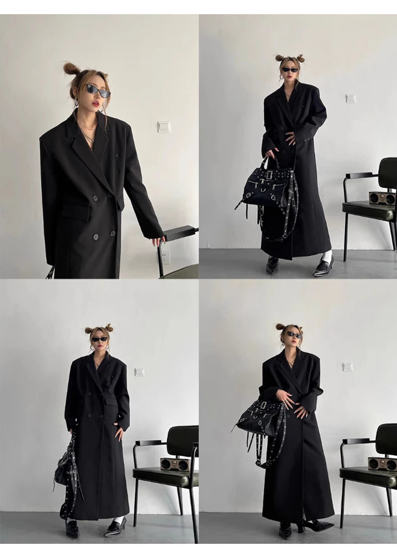 Lautaro Spring Autumn Long Grey Black Trench Coat for Women Double Breasted Loose Casual Korean Fashion Clothing Blazer 2025