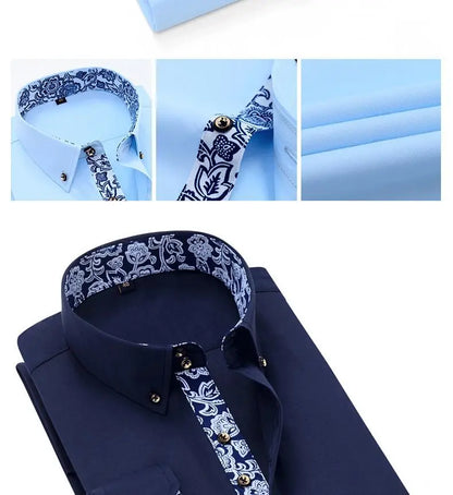 Blue and White Men's Dress Collar Shirt Long Sleeve Solid Color Printing Casual Business Slim Fit Cotton Shirts Anti-Wrinkle