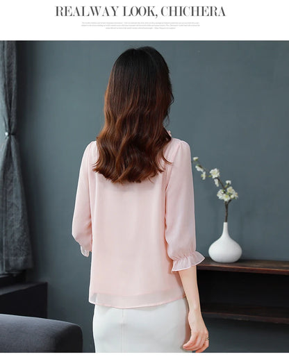 M-4XL Spring Summer Women Tops 2025 New Fashion Chiffon Blouse Petal Collar Half Sleeve Bow tie Loose Casual Shirt