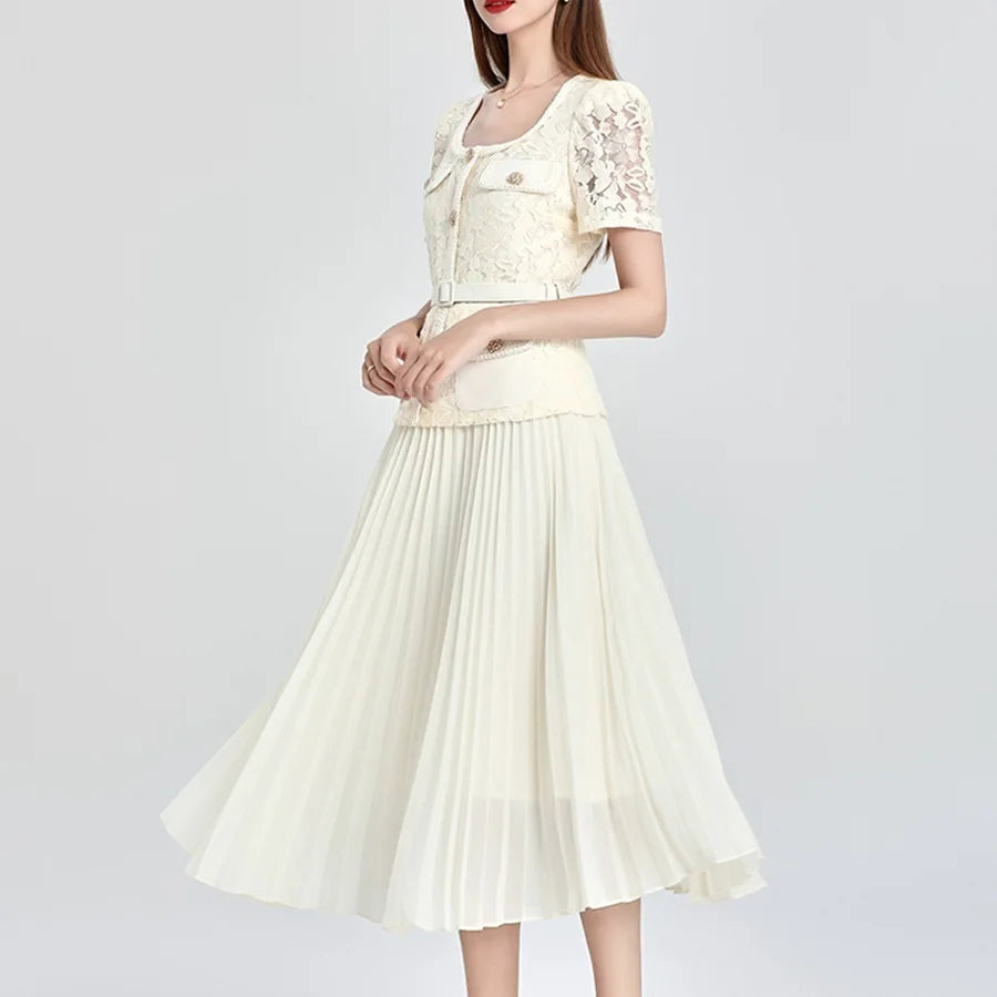 Runway Designer Summer Flower Embroidery Lace Chiffon Prom Dress Women Short Sleeve Single Breasted Midi Long Vestidos Party