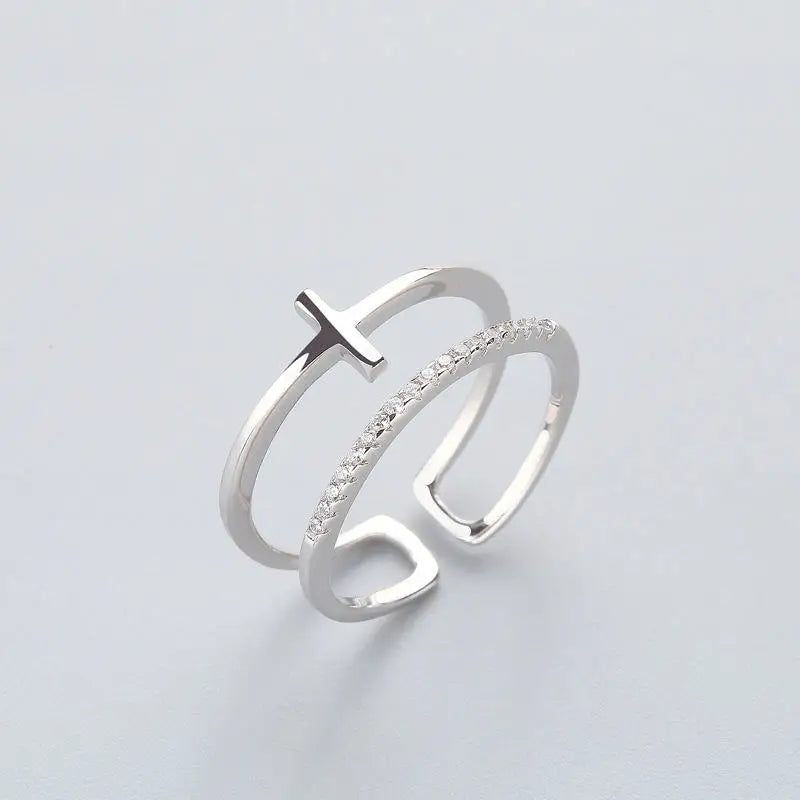 Retro Minimalist Opening Rings For Women Double Layer Moon Stars Cross Zircon Adjustable Finger Ring Girl Personality Jewelry