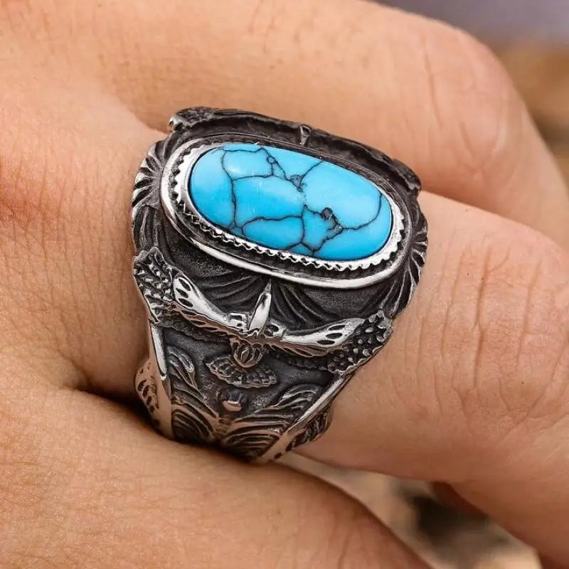 New Ring Gemstone Fashion Turquoise Men's Ring Inlaid with Blue Zircon Eagle Domineering Men's Jewelry, The Best Exquisite Gift