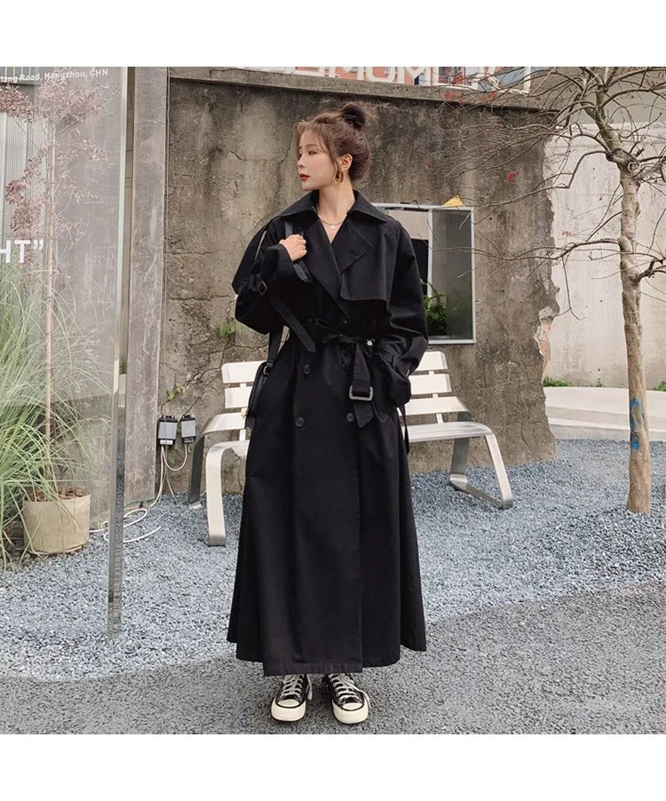 Lautaro Spring Autumn Extra Long Flowy Oversized Casual Trench Coat for Women Belt Double Breasted Loose Korean Fashion 2025