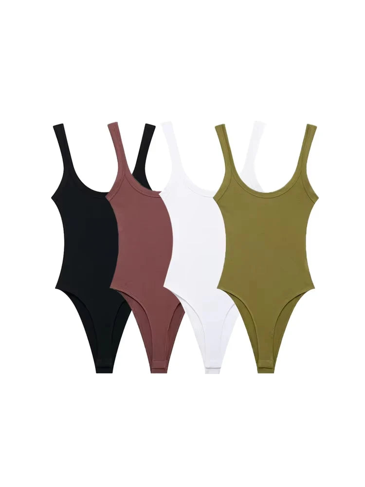 TRZA-Skinny Ribbed Bodysuits for Women, O Neck, Straps, Snap-Button, Female Playsuits, Sexy Fashion