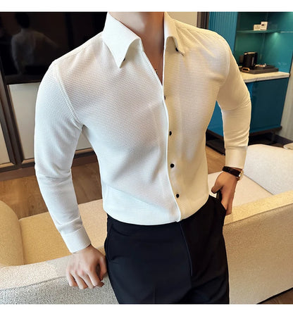 Autumn Solid Color Waffle Shirt Men Slim Fit V Neck Long Sleeve Casual Business Formal Dress Shirts Social Party Streetwear 4XL