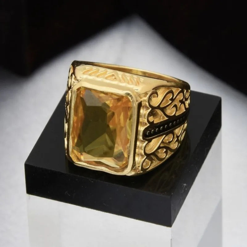 Fashion Square Geometry Gold Color Men Rings Fashion Metal Inlaid Yellow Stones Ring Jewelry