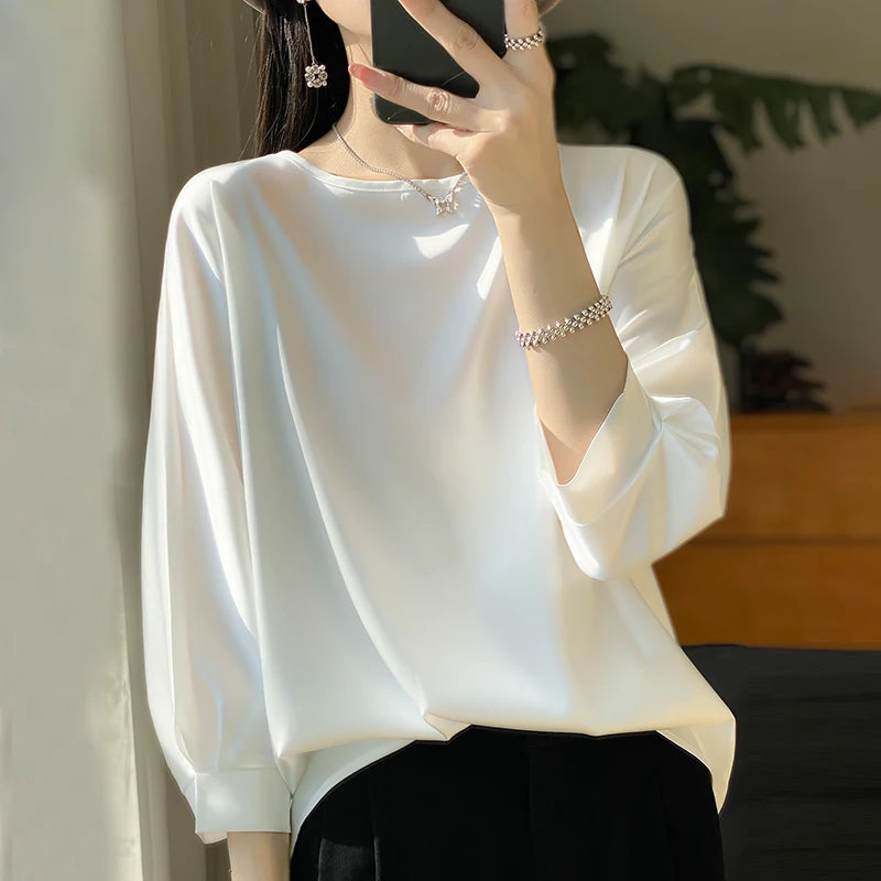 New Acetic Satin Nine-Sleeve T-shirt in Summer Women's Round Neck Loose Large Size Wide Sleeves Outside