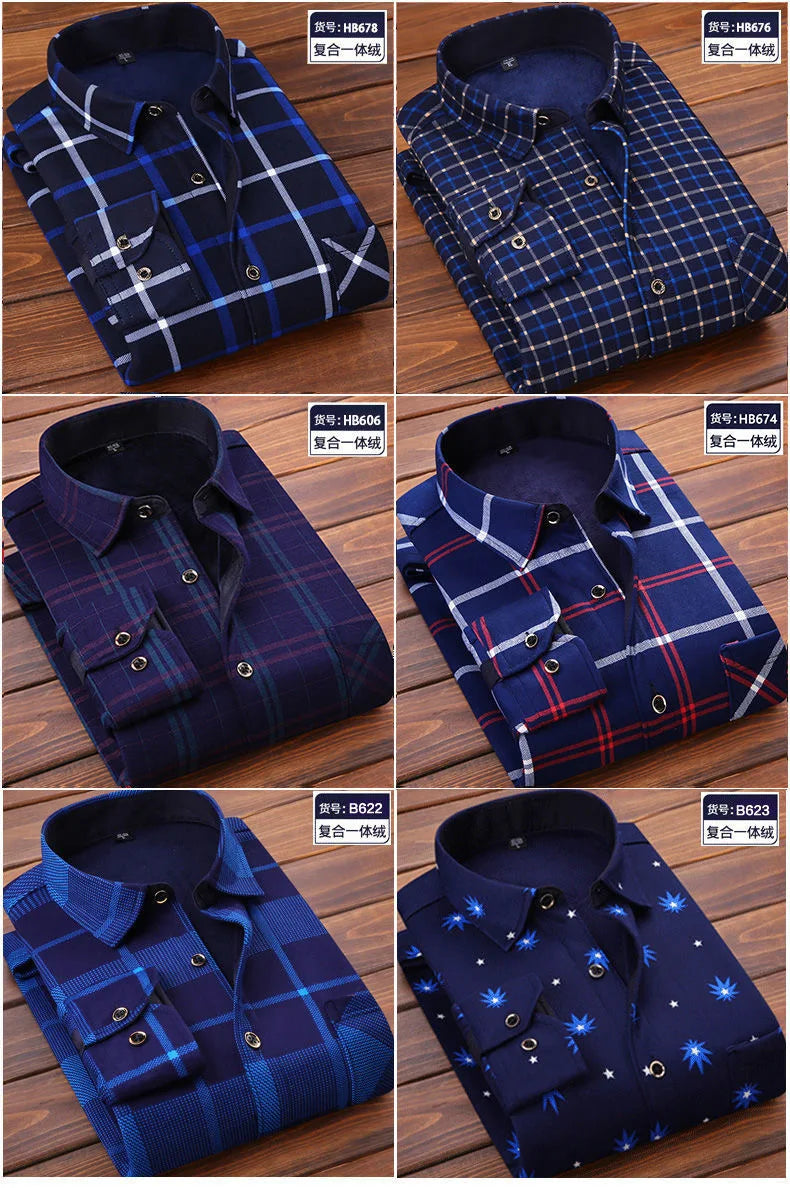 2024 Men's Winter Warm Long Sleeve Plaid Shirts Flannel Fur Lined Thick Formal Shirts Fleece Casual Shirt for Men Dress Shirts