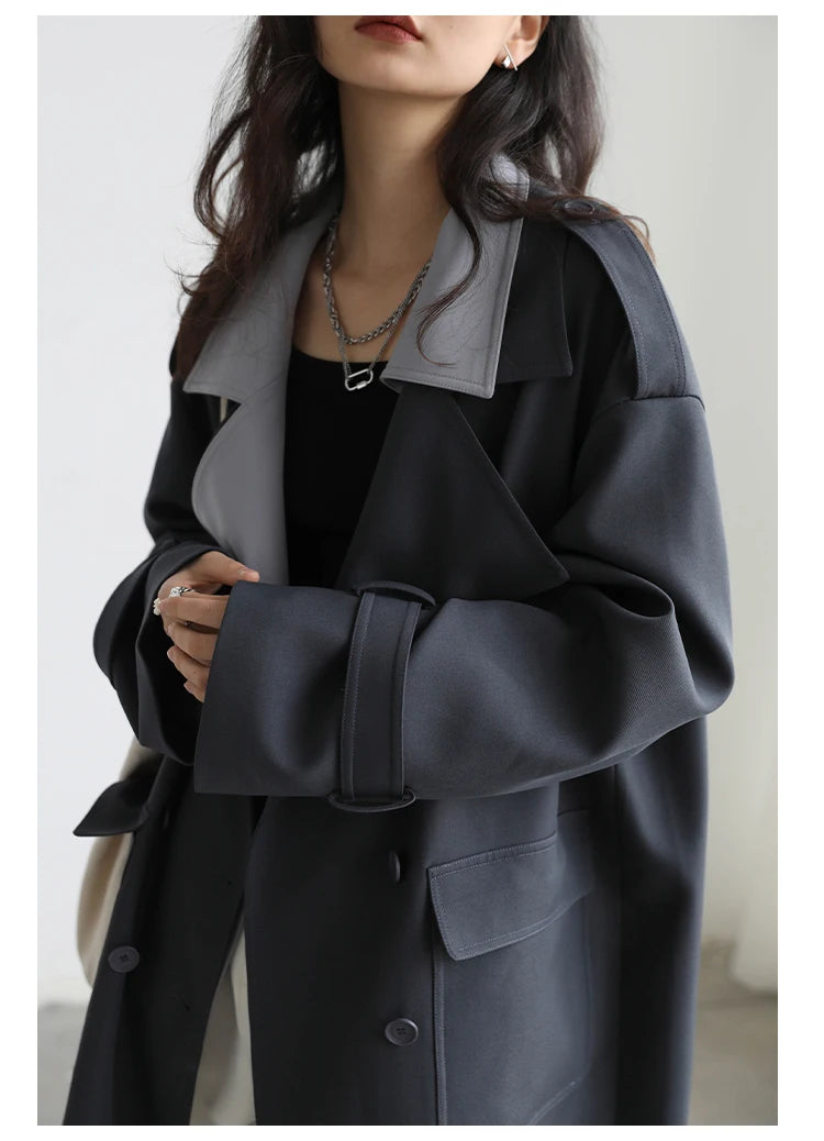 CHIC VEN Women Trench Coat Solid Loose Contrast Double Collar Double Breasted Long Women's Windbreaker Office Lady Spring Autumn