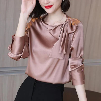 Summer Autumn Office Lady Satin Solid Elegant Fashion Bow Shirt Women Long Sleeve Temperament Bottoming Blusa All-match Blouse