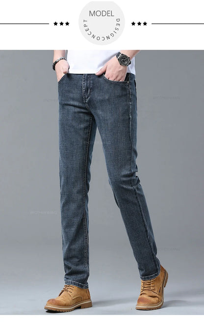 Spring Men's Light Blue Slim Jeans Stylish Casual Stretch Fabric Denim Pants Classic Trousers Smoke Gray