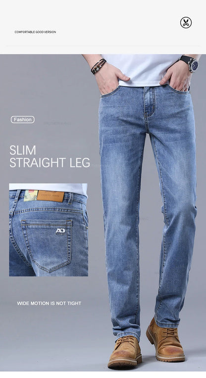 Spring Men's Light Blue Slim Jeans Stylish Casual Stretch Fabric Denim Pants Classic Trousers Smoke Gray