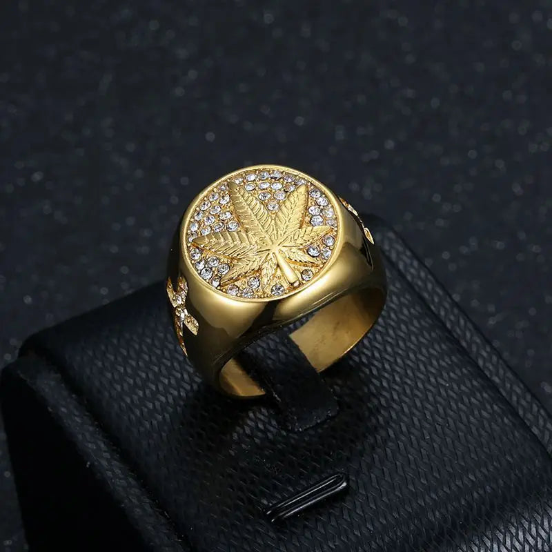 Hip hop micropaved zircon maple leaf signet ring classic men's rock punk casual jewelry