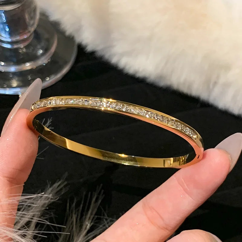 Silver Color Bangles Bracelet for Women Girls Titanium Steel 18K Gold Plated Waterproof Jewelry Luxury Sparkling Zircon Bangles