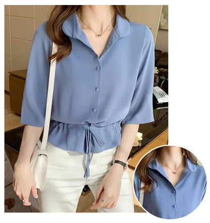 Summer Women All-match Solid Turn-down Collar Half Sleeve Chiffon Shirt Fashion Casual Shirring Single-breasted Blouses Female