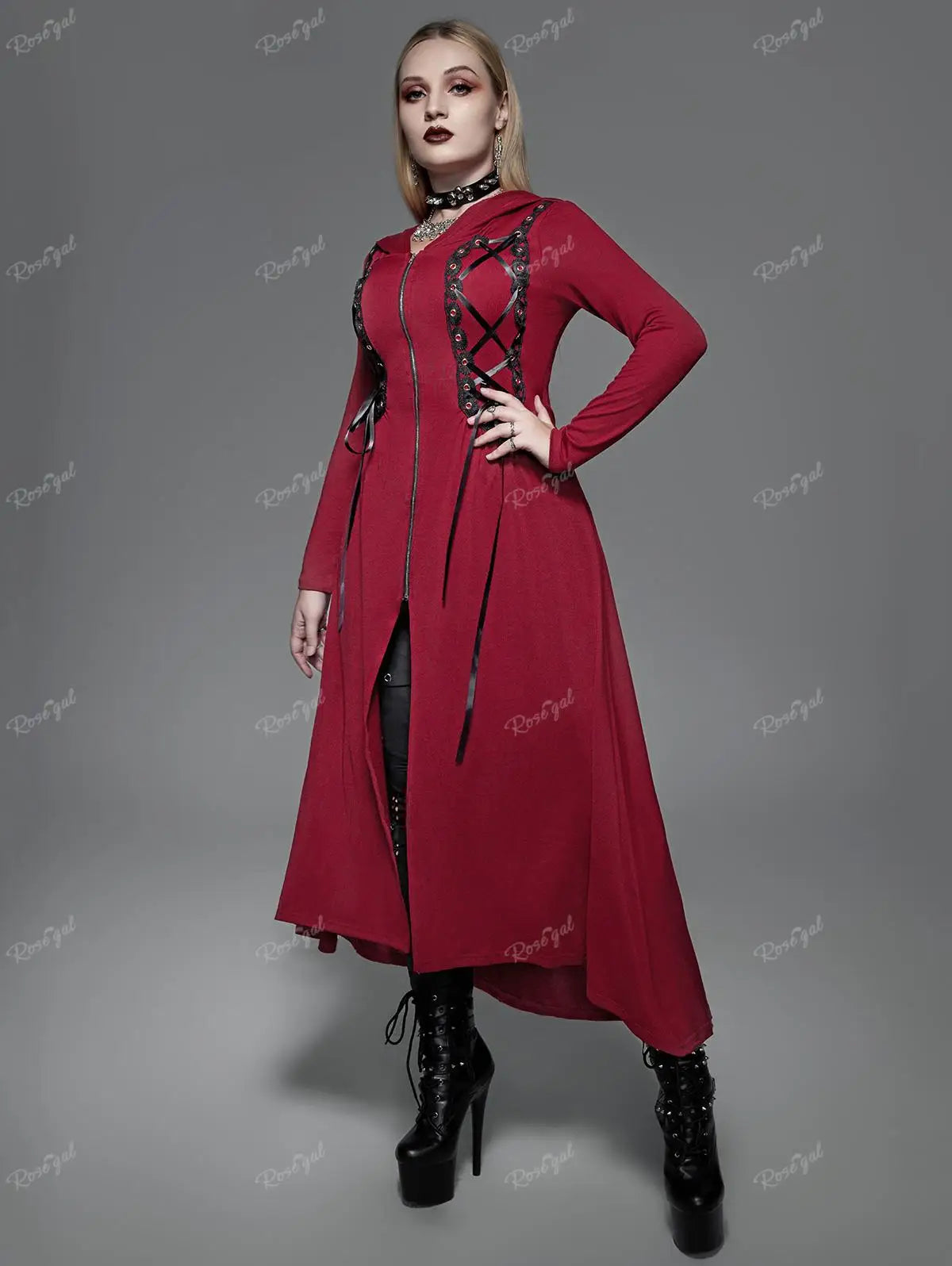 ROSEGAL Plus Size Hooded Lace Up Zipper Trench Coat Women Autumn Winter High Low Maxi Outwears Black Red Longline Hoodies Tops