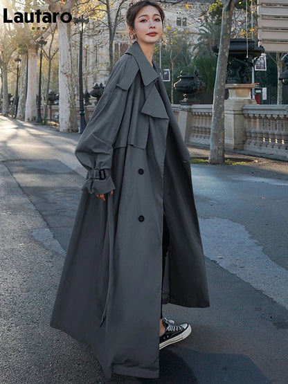 Lautaro Spring Autumn Extra Long Flowy Oversized Casual Trench Coat for Women Belt Double Breasted Loose Korean Fashion 2025