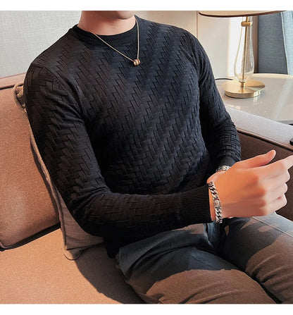 2025 Stretchable Jacquard Woven Winter Crew Neck Sweater Men's Slim Fit Pullover Knitwear Blue, Fashionable Check Pattern