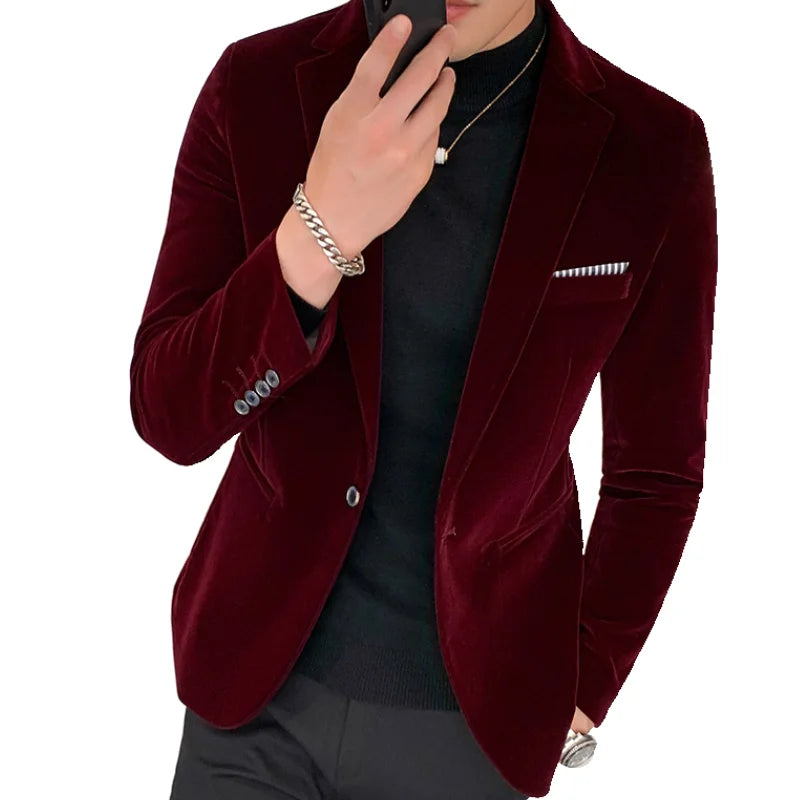 Burgundy Velvet Blazer Men 2022 Fashion Casual Blazer Men Wedding Groom Singer Costume Slim Blazer Formal Evening Dress M-5XL