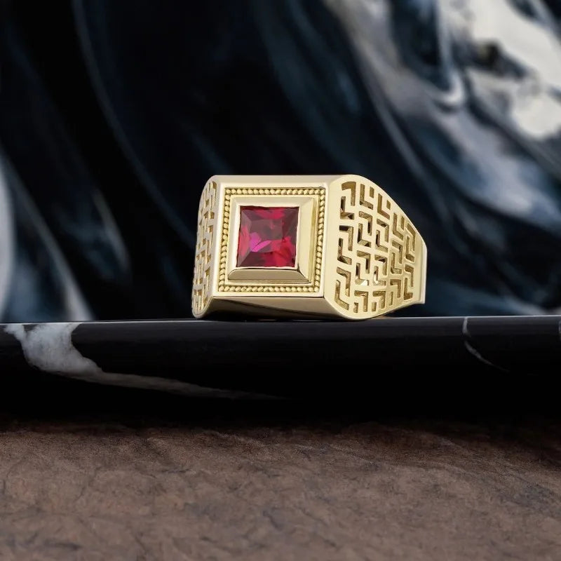 Luxury Gold Color Square Hollow Red Stone Men Rings Wedding Party Jewelry Rings