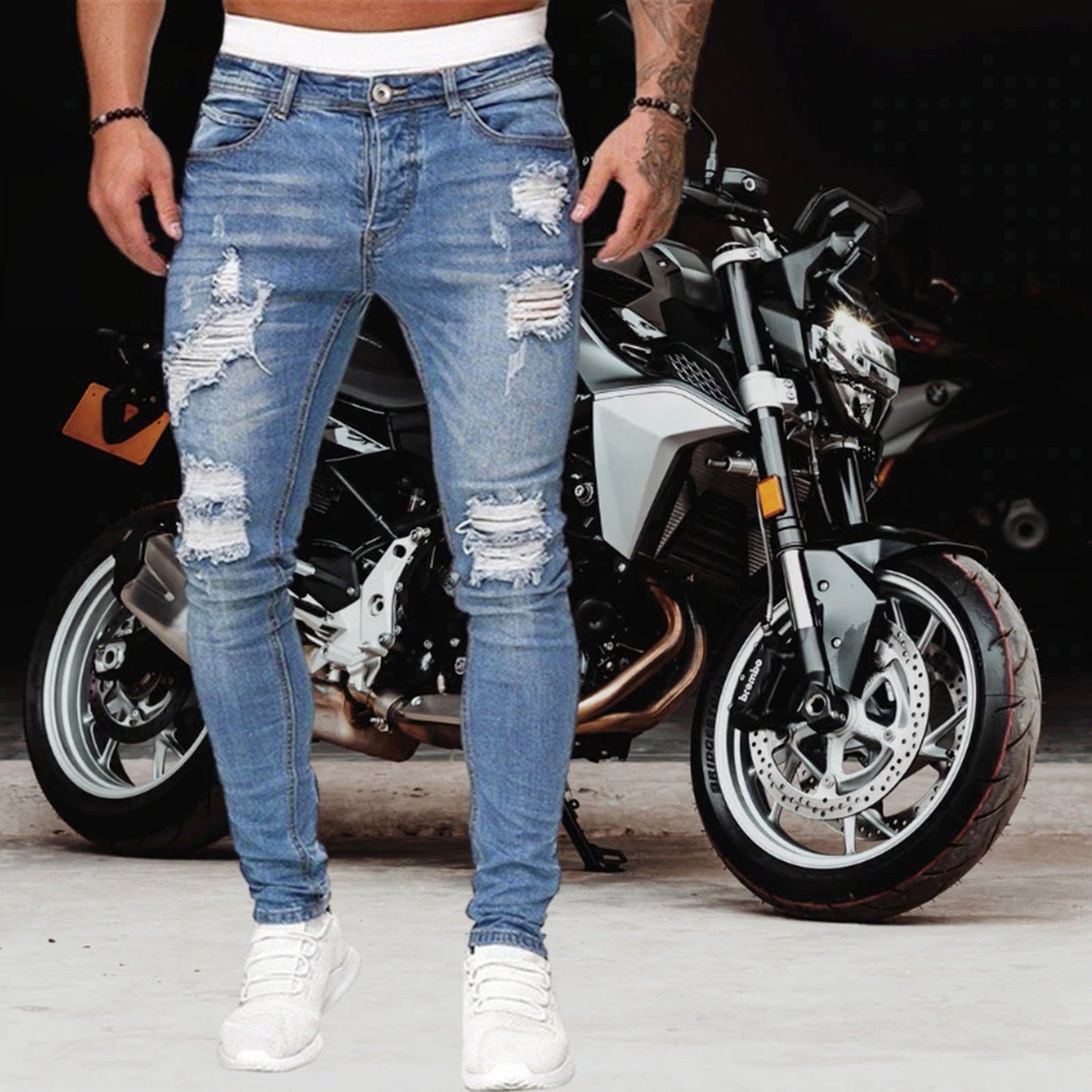 Retro Grey Stretch Slim Ripped Denim Pant Men's Fashion Streetwear Elastic Long Trousers Vintage Casual Denim Pencil Pants