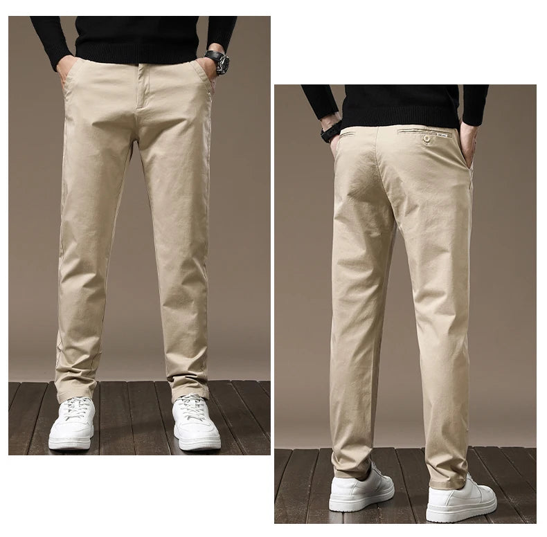 New High Quality Combed Cotton Casual Pants Men Thick Solid color Business Fashion Straight Fit Chinos Gray Brand Trousers Male