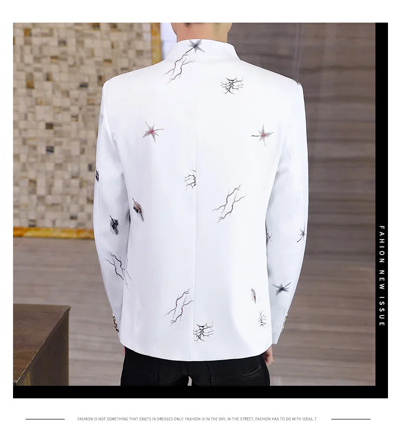 Men's Printed Small Suit Male Korean Version of The Self-cultivation Stand-up Collar Chinese Tunic Casual Suit Thin Jacket Youth