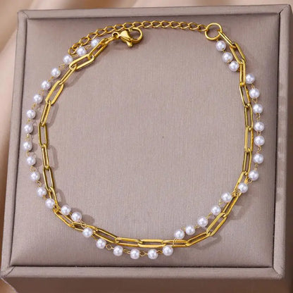 Anklets for Women Summer Beach Accessories Stainless Steel Imitation Pearl Chain Anklet Gold Color Leg Bracelets Bodychain Gifts