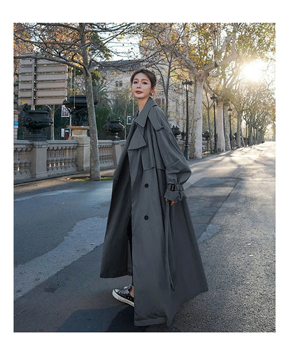 Lautaro Spring Autumn Extra Long Flowy Oversized Casual Trench Coat for Women Belt Double Breasted Loose Korean Fashion 2025