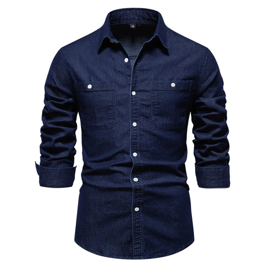 2023 New Autumn Men's Denim Shirt Cotton Elastic Casual Social Design Double Pockets Slim Jeans Shirts for Men