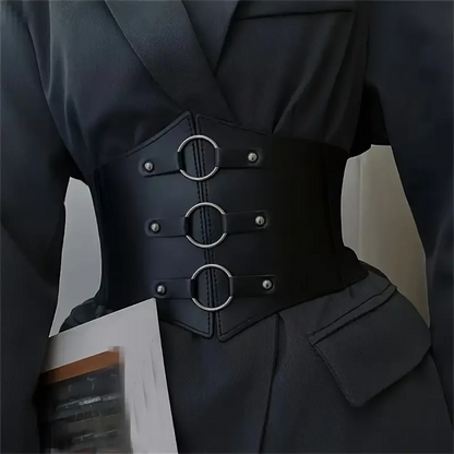 Fashionable Gothic Corset Belt Triple Buckle with Black Rivet Studs Elastic Waspie Waistband for Punk Women Perfect for Coats