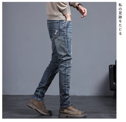 New Men's Vintage Jeans Korean Fashion Slim Little Feet Embroidered Trousers Stretch Male Streetwear Denim Pants