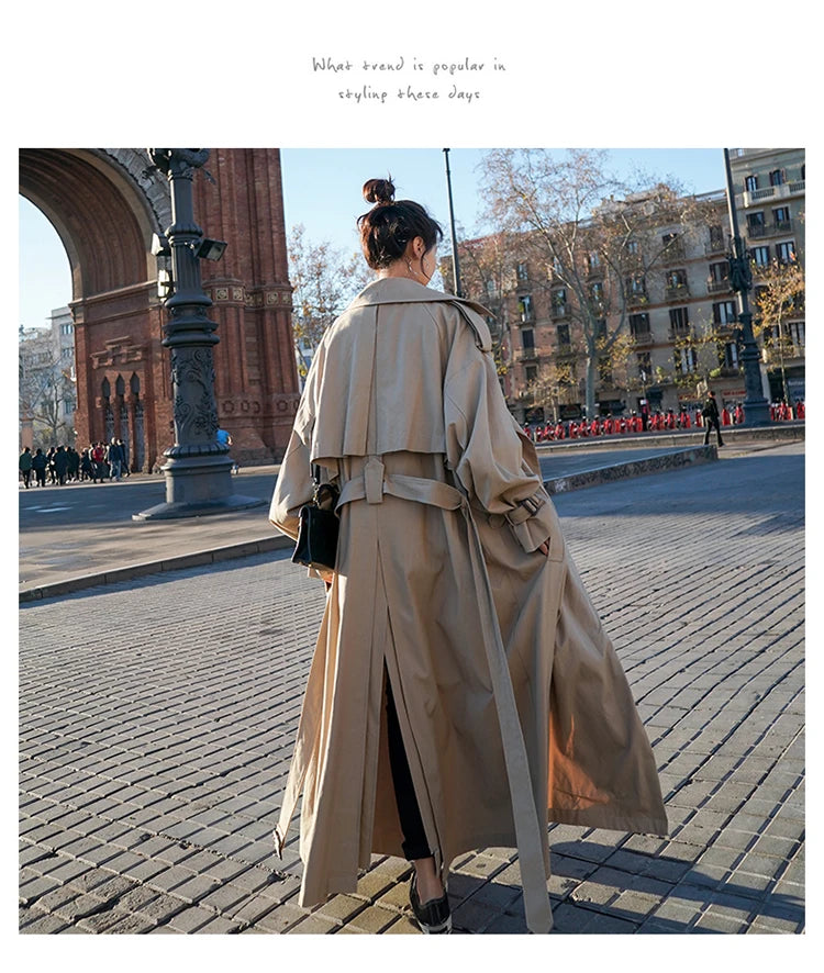 Lautaro Spring Autumn Extra Long Flowy Oversized Casual Trench Coat for Women Belt Double Breasted Loose Korean Fashion 2025