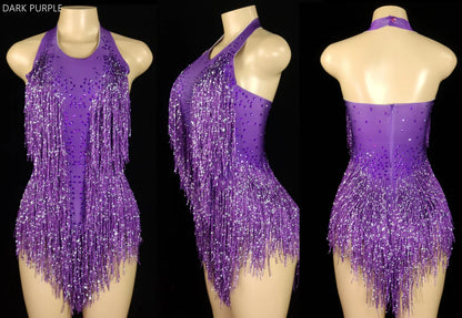 Sparkly Crystals Fringes Bodysuit Sexy Tassel Leotard Jazz Dance Costume One-piece Stage Wear Dancer Performance Show Clothing