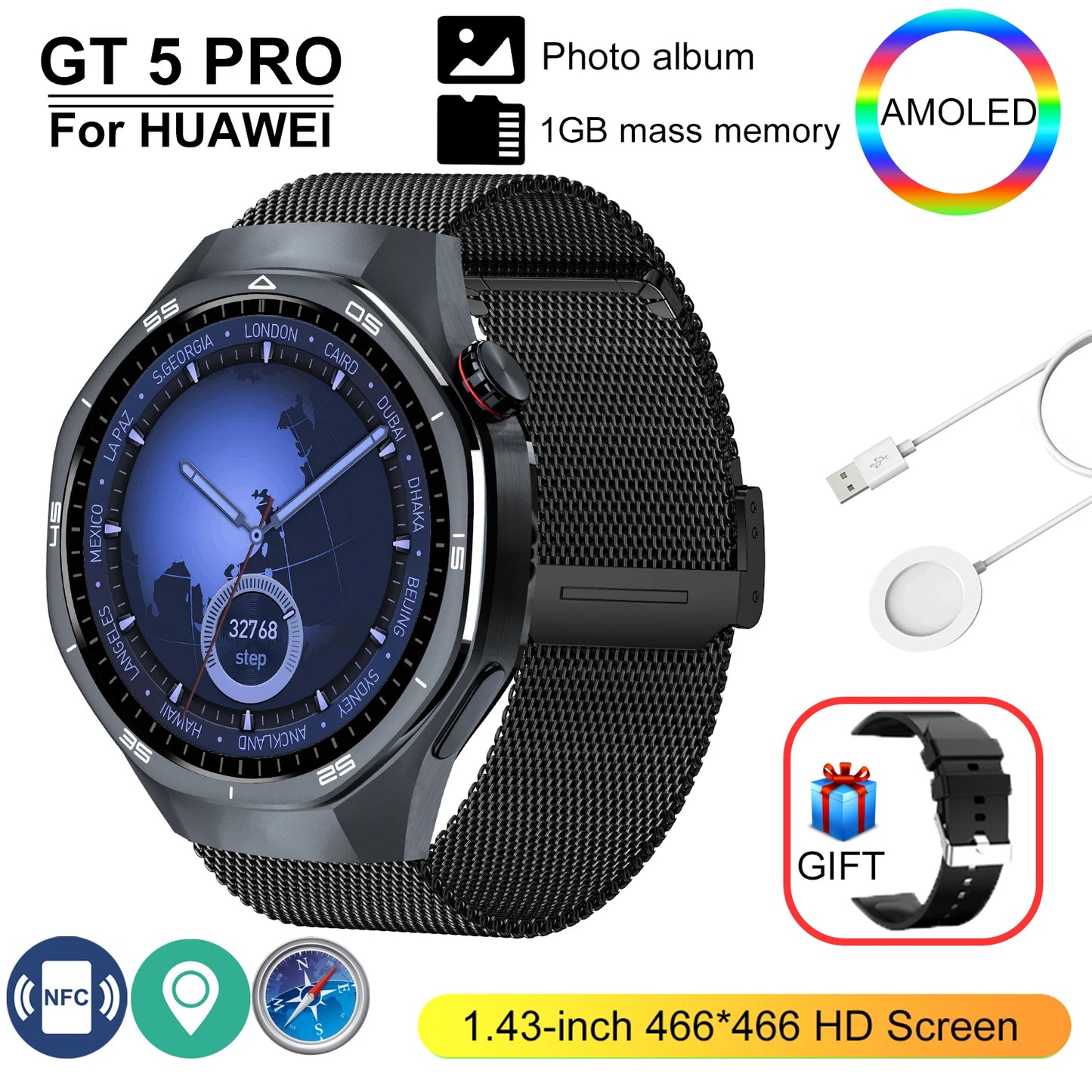 New GT 5 Pro Smart Watch Men Women 1GB Memory 466*466 HD Screen SmartWatch Heart rate Blood oxygen GPS tracker NFC Smartwatch